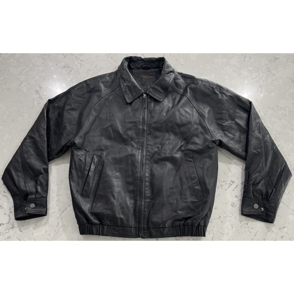 VTG 90s St John's Bay Genuine Leather Bomber Jacket Mens Medium Black